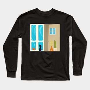 Cute Fox Wants In and Gray Cat Wants Out Retro Colors Long Sleeve T-Shirt